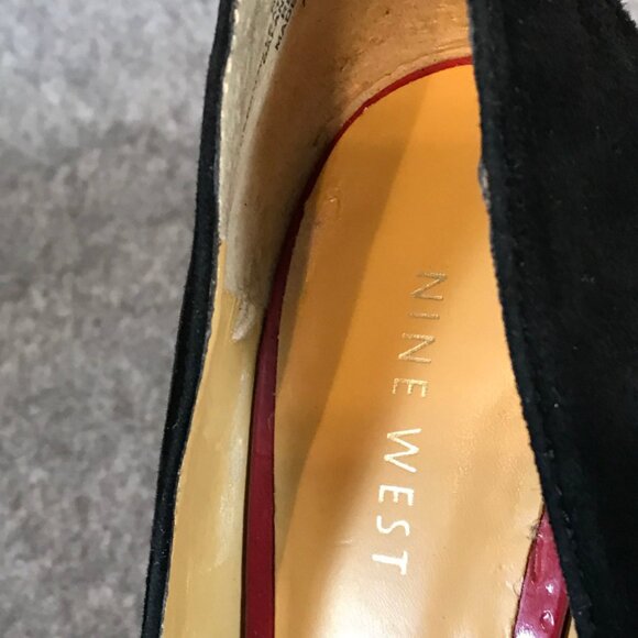Nine West Women's Black Leather Front Red Strap Leopard Open Toe Heel Shoes - Picture 8 of 12
